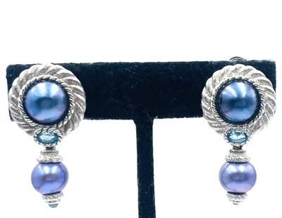 Judith Ripka Sterling Silver Pearl & Blue Topaz Omega Back Clip On Earrings - Image 1 of 4