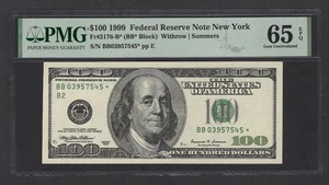 United States-Federal Res 100 Dollars 1999 Fr#2176-B* (BB* Block)UNC Grade 65 - Picture 1 of 2