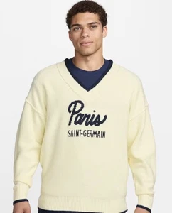 Nike Paris Saint-Germain Tech Pack Ivory Navy Soccer Knit Sweater Men’s L $150 - Picture 1 of 15