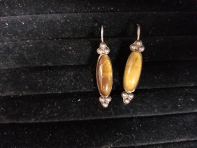 Argento Sterling Occhio di Tigre Orecchini Pendenti Firmato - Immagine 1 di 2