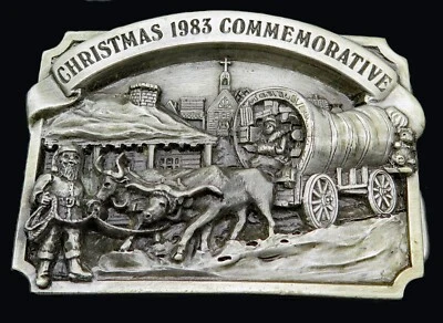 Fivela de cinto vintage vagão coberto de bois de Papai Noel comemorativo Natal 1983 - Imagem 1 de 4