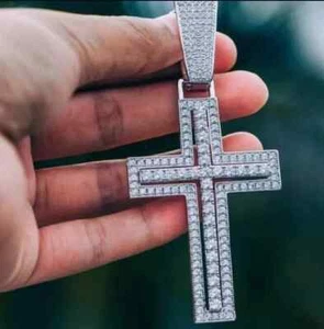 2Ct Round Cut White Moissanite Men's Cross Charm Pendant 14k White Gold Plated - Picture 1 of 8