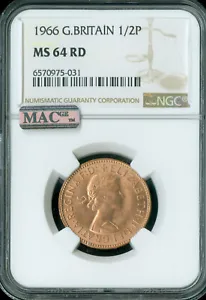 1966 GREAT BRITAIN 1/2P HALF PENNY NGC MS-64 RD PQ MAC SPOTLESS * - Picture 1 of 2