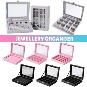 Jewellery Box Earring Storage Case with glass lid for Display and Organize UK - Picture 1 of 27