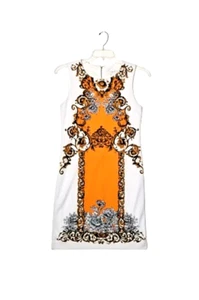 CARMEN MARC VALVO Sleeveless Sheath Dress Sz 6 White Orange Floral Knee Length - Picture 1 of 5