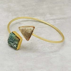 Open Cuff Brown & Green Druzy Bangle/Bracelets, Brass 22k Gold Gemstone Jewelry - Picture 1 of 4