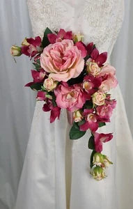 Cascades of Roses and Orchids Faux Silk Wedding Bouquet - Picture 1 of 10