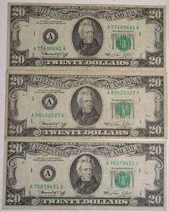 1974 $20 Federal Reserve Notes, "SMALL HEADS", 3 Total,  Estate Sale, FREE SHIP - Picture 1 of 2