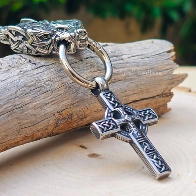 Large Wolf Cross Necklace – Heavy Stainless Steel Celtic Viking Pendant for Men - Image 1 of 4