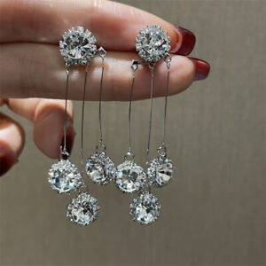 925 Sliver Plated Long Tassel Zircon Earrings Dangle Women Wedding Jewelry Gift