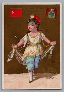 1800s Victorian Trade Card Faith Whitcomb's Balsam Girl w/ Turkey Flag 9562 - Picture 1 of 2