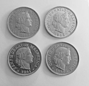 20 Rappen Schweiz Helvetia 1985, 1988, 1991, 1995 als Kovolut abzugeben " Top " - Bild 1 von 2