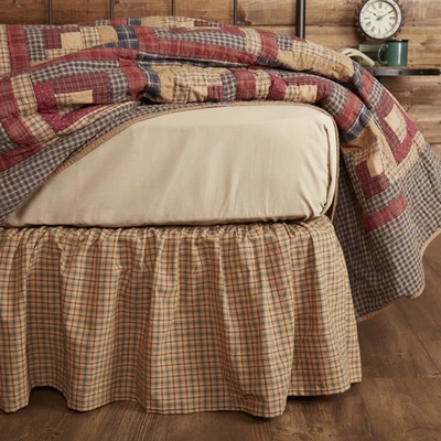 Millsboro Rustic Queen Bed Skirt Khaki Burgundy Navy Plaid 60x80x16" VHC Brands - Image 1 of 4