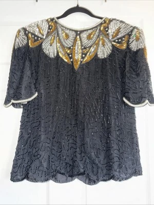 Top de seda vintage Lawrence Kazar con cuentas negro dorado plata adornado fiesta Foto 1 de 4