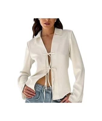 Blusa Rachel Zoe New York Crema Satén Botón/Corbata Frontal Cuello en V Profundo Talla M Nueva con Etiquetas  Foto 1 de 4