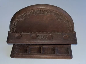 Heavy Vintage Wooden Pipe Rack Holds 4 Pipes Hinged Art Nouveau? Carved Dark - Picture 1 of 15