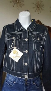 NWT ROSE ROYCE NAVY DENIM JEAN JACKET WCROSS RHINESTONES SZ S,M - Picture 1 of 11