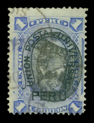 PERU 1894 UPU w/ Pres. Remigio INVERTED Ovpt.  1sol blue  Sc# 128 used  F/VF - Image 1 of 2