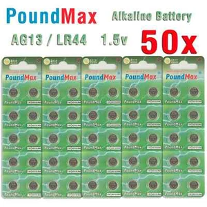50 X Pilas de botón alcalinas PoundMax AG13 LR44 SR44 L1154 A76 1,5 V - Imagen 1 de 8
