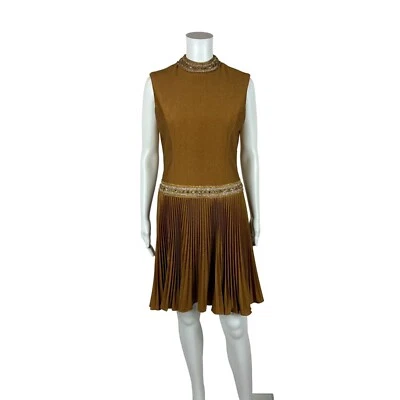 Vintage 60s Party Dress Women's M Bronze Shimmer Lurex Bedazzled Metallic Mod - Image 1 of 4