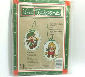 Vtg Wee Winsomes Drummer Boy & Caroler Ornaments Counted Cross Stitch Kit - Picture 1 of 5