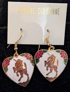 Vintage Enameled Cloisonné Heart Unicorn Hook Earrings Pierce Gold Tone Sz.3/4" - Picture 1 of 2