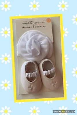 Starting Out Baby Girl Crib Shoes & Headband Set 0-6 Months Baptism Christening - Image 1 of 4