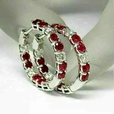 1.4Ct Round Lab Created Red Ruby Women's Gift Hoop Earring 14K White Gold Plated - Image 1 of 4