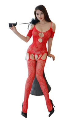 CATSUIT BODY COLLANT SEXY RESILLE MAILLE FILET ROUGE BODYSTOCKING NEUF EMBALLAGE - Photo 1/2