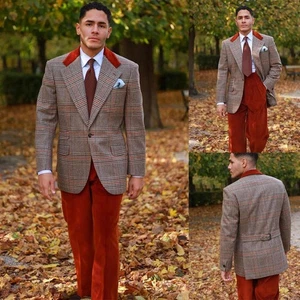 Herren karierte Anzüge rote Hose schmale Passform für Business Hochzeit Abendessen Party Jacke Hose - Bild 1 von 12