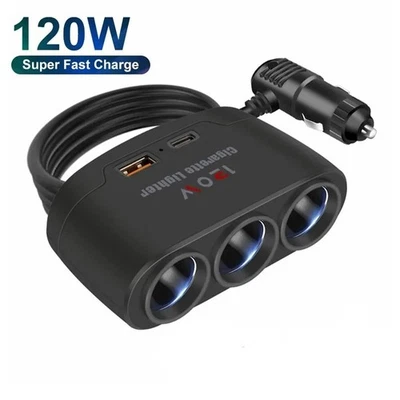 3 Way Car Cigarette Lighter Socket Charger Adapter 12V Splitter USB Plug Ports - Image 1 of 3