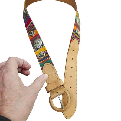 Cinturón Concho Vintage Años 80 Azteca Guatemala Cuero y Tejido Acentos Talla Grande 38" Foto 1 de 4