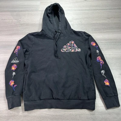 Adidas Hoodie Womens Large Black Floral Rose Graphic Pullover Logo Design FQ3530 - Image 1 of 4