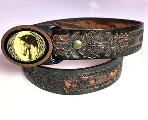 Tech Ether Guild Western Leather Belt Horse Head Brass Buckle Sz 26 - Picture 1 of 11