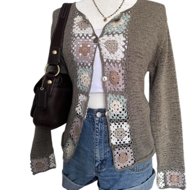 Coldwater Creek Granny Square Cardigan Sweater Brown Cream Blue S - Image 1 of 4