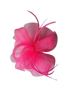 New Bright Pink looped net feather crystal gem clip fascinator wedding races - Picture 1 of 2