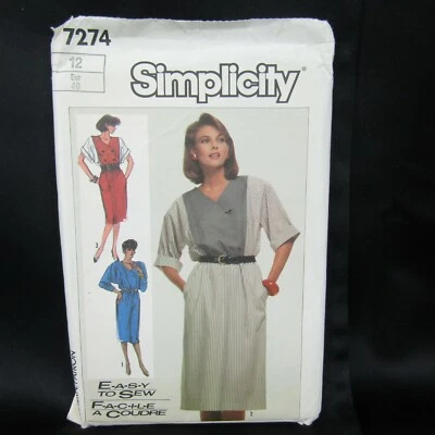 Simplicity Pattern 7274 Dolman Sleeve Pullover Dress Sz 12 Uncut Easy Vtg 1986 - Image 1 of 2