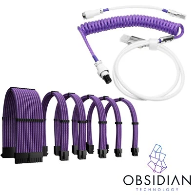 Purple Metal Keyboard Coiled Cable & PSU Extension Kit Braided Gaming PC Custom - Image 1 of 4