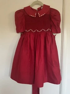 ISABEL GARRETON Red Silk Smocked Holiday Party Dress Peter Pan Collar 4 - Picture 1 of 8