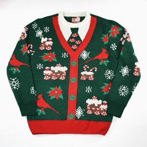 Ugly Christmas Sweater Adult Med Green Party Sweater Pullover Mock Cardigan Tie - Picture 1 of 13