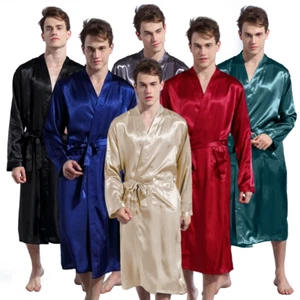 Pigiama uomo lungo raso seta kimono accappatoio vestaglia pjs loungewear US - Foto 1 di 24