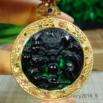 Сертифицированный черный зеленый Бирма 100% натуральный жадеит нефрит подвеска ~ дракон 生意兴隆 - Изображение 1 из 4