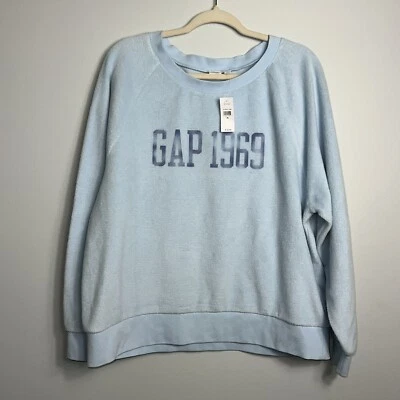 Women’s Gap Light Blue Reverse Raglan Fleece Sweater NWT Sz XL Graphic Logo Font - Image 1 of 4
