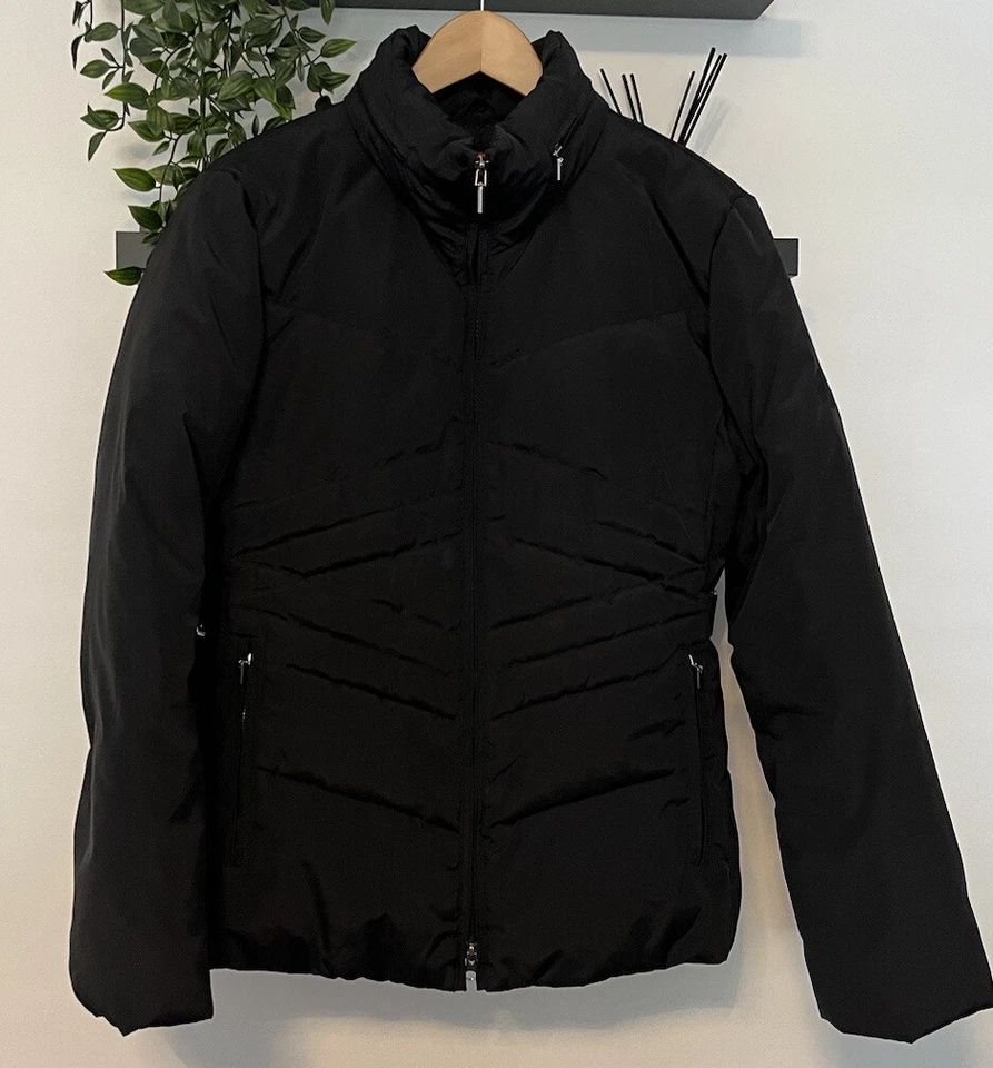 Casaco feminino tamanho 12 AnneKlein preto feminino pena capuz de pele sintética zíper completo - Imagem 1 de 4