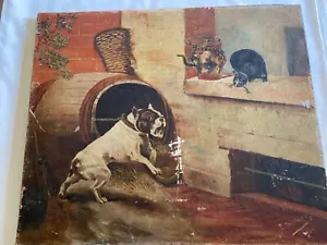 LARGE RARE ANTIQUE BULLDOG FIGHTING DOG OIL PAINTING 1946 SIGNED P. DELPLACE - Picture 1 of 4