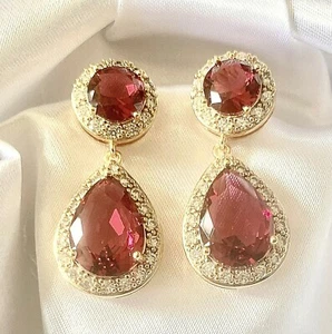 Gold Pear Drop Dangle Statement Earrings, 35x17mm, Ruby & Sim Diamonds GIFTBOXED - Picture 1 of 4