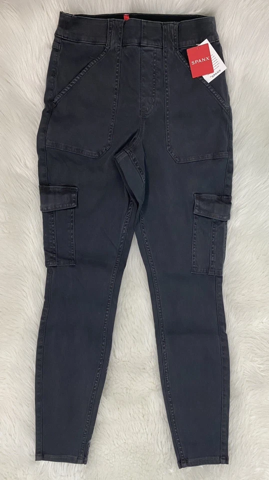 Spanx Stretch Twill Ankle Cargo Pants Washed Black Sz Medium