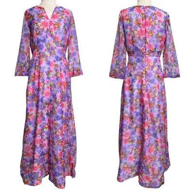 Vestido maxi floral vintage anos 70 estampa floral hippie linha A cintura alta boho. - Imagem 1 de 4