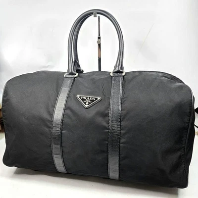 Bolso de Viaje PRADA Boston Nylon Cuero Saffiano Negro Fin de Semana Lona Elegante Foto 1 de 4