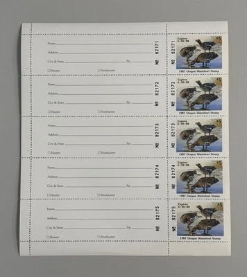 1987 Oregon State Duck Stamp - Sheet of 5 - Image 1 of 2